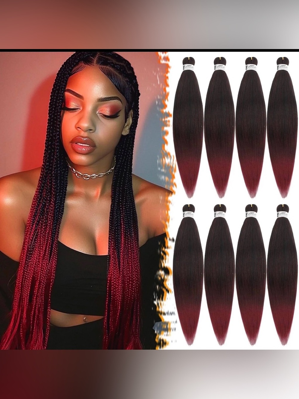 BARSDAR 26” Ombre Black Red Synthetic Braiding Hair 1B/RED New